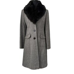 Vintage Y2K George Herringbone Faux Fur Collar Dress Coat Black Ivory Small